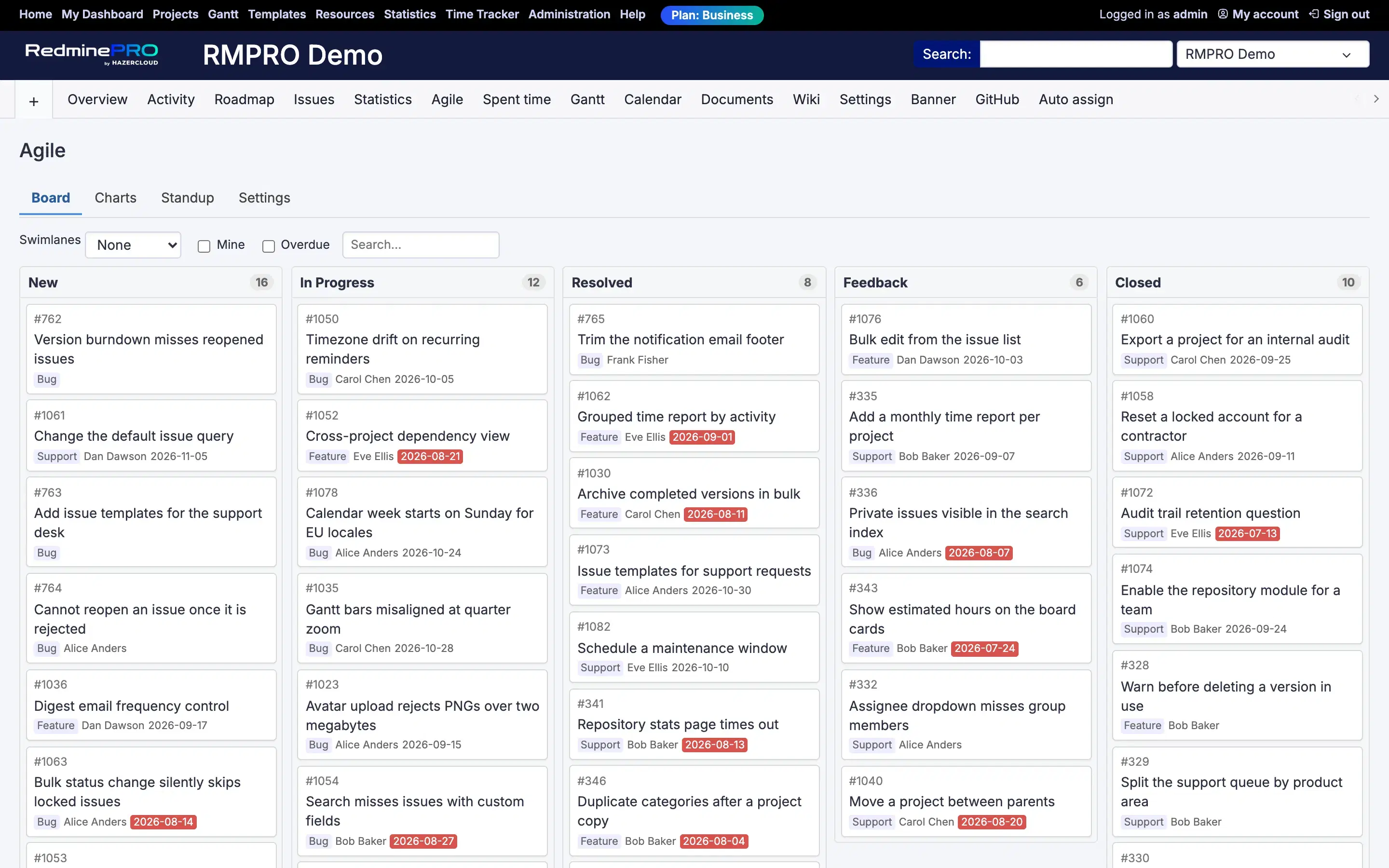 A board of issue cards in status columns, each card showing tracker, assignee and due date.