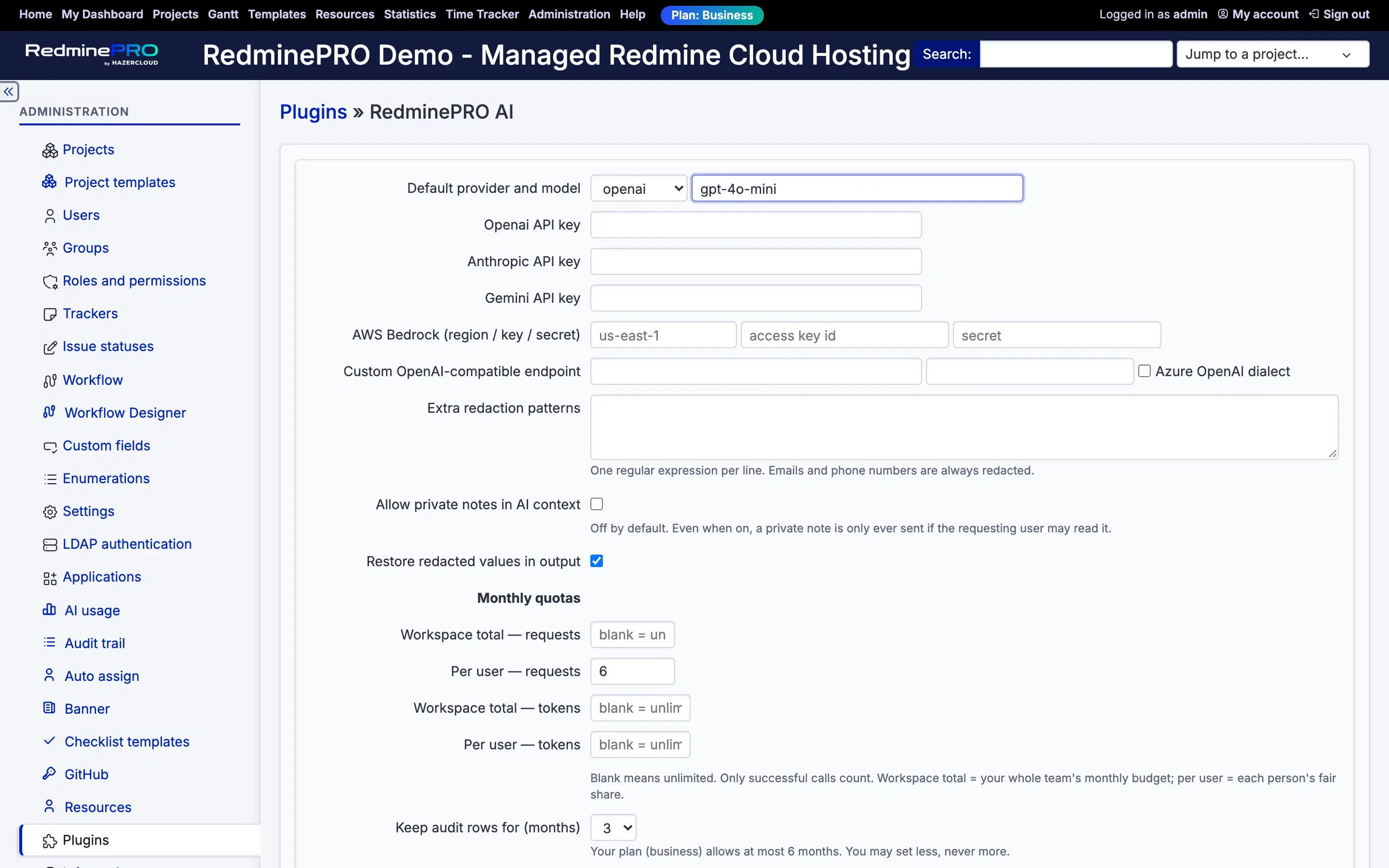 The AI provider settings page, showing empty credential fields for OpenAI, Anthropic, Gemini, AWS Bedrock and a custom OpenAI-compatible endpoint.