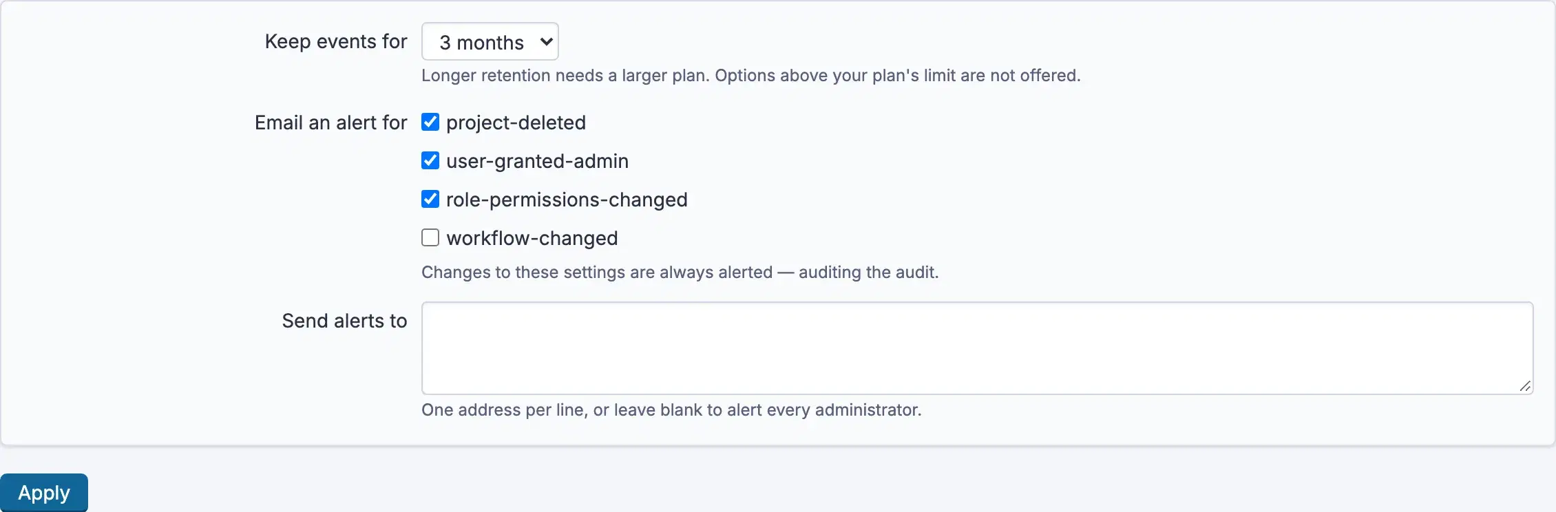 Retention and alert settings