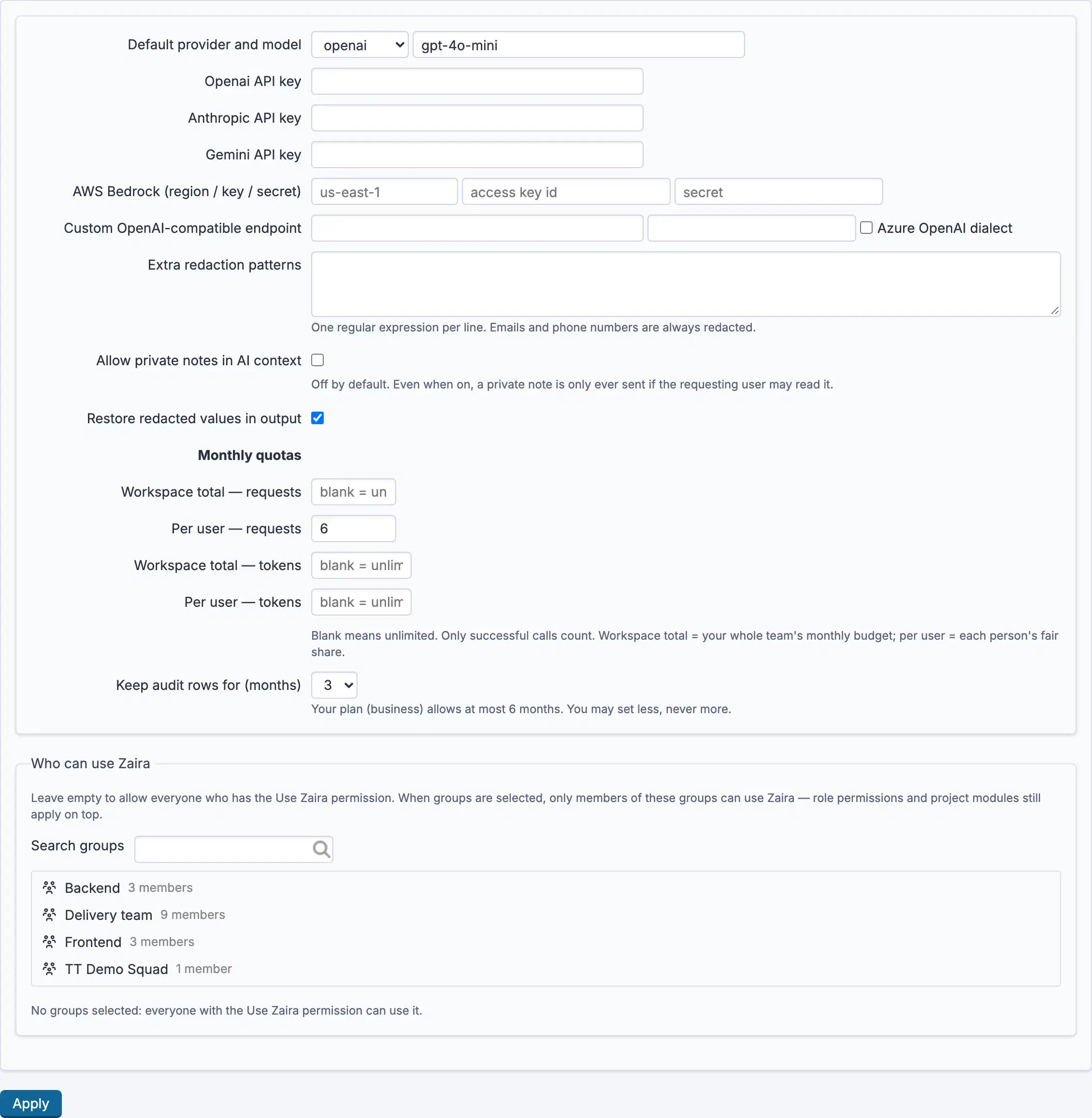 Provider, quotas and redaction